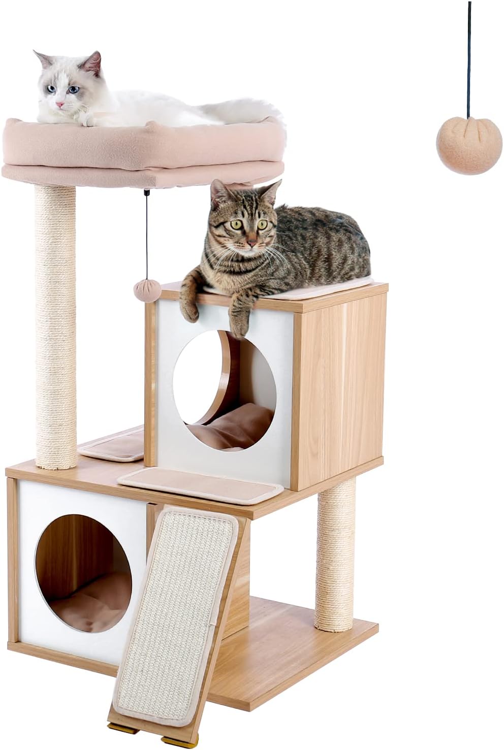 Großer Katzenbaum 130 cm aus Holz mit zwei Höhlen und Liegeplattform