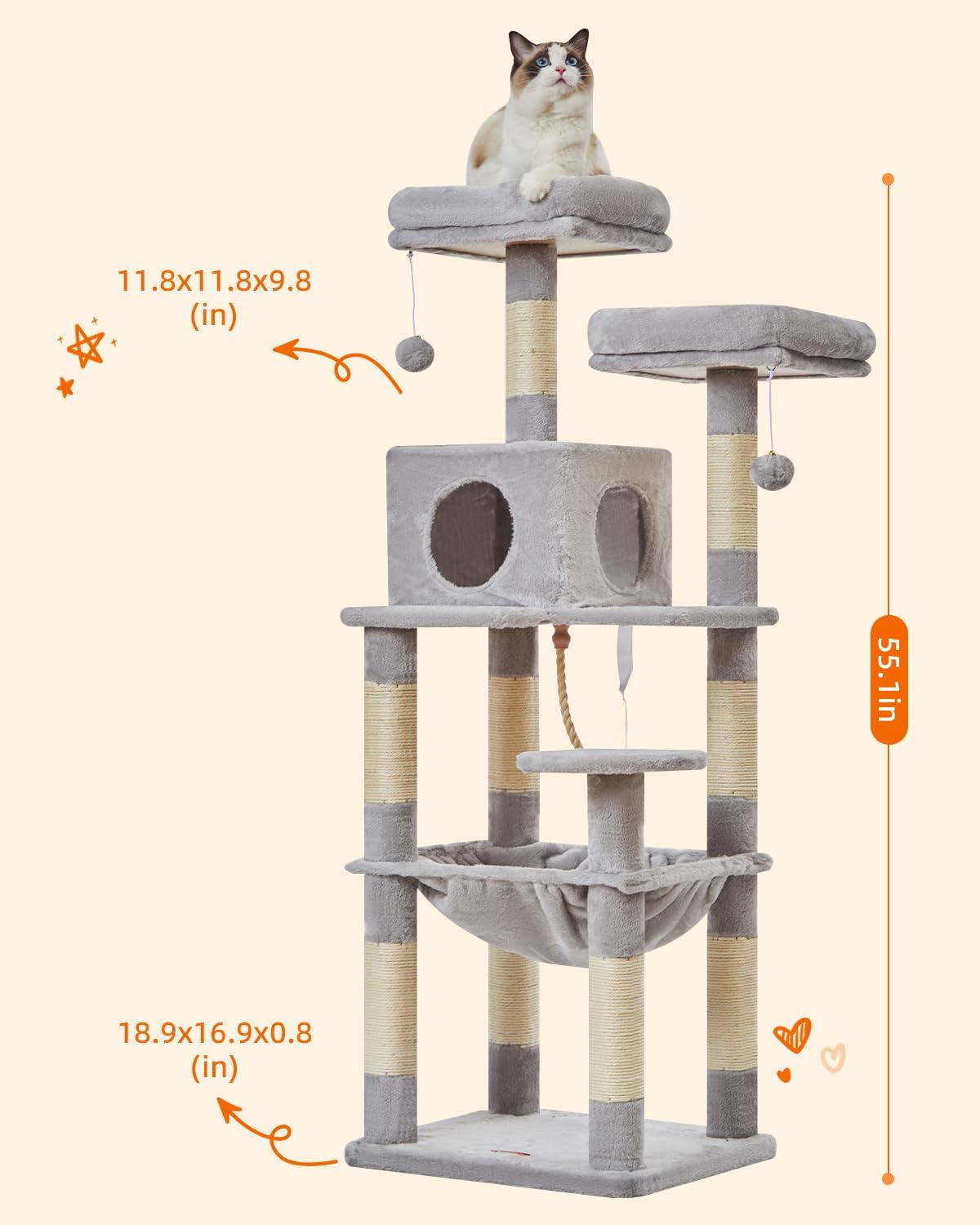 Großer Katzenbaum 140 cm für Katzen mit Kratzbaum Plattformen Höhle und Hängematte Hellgrau