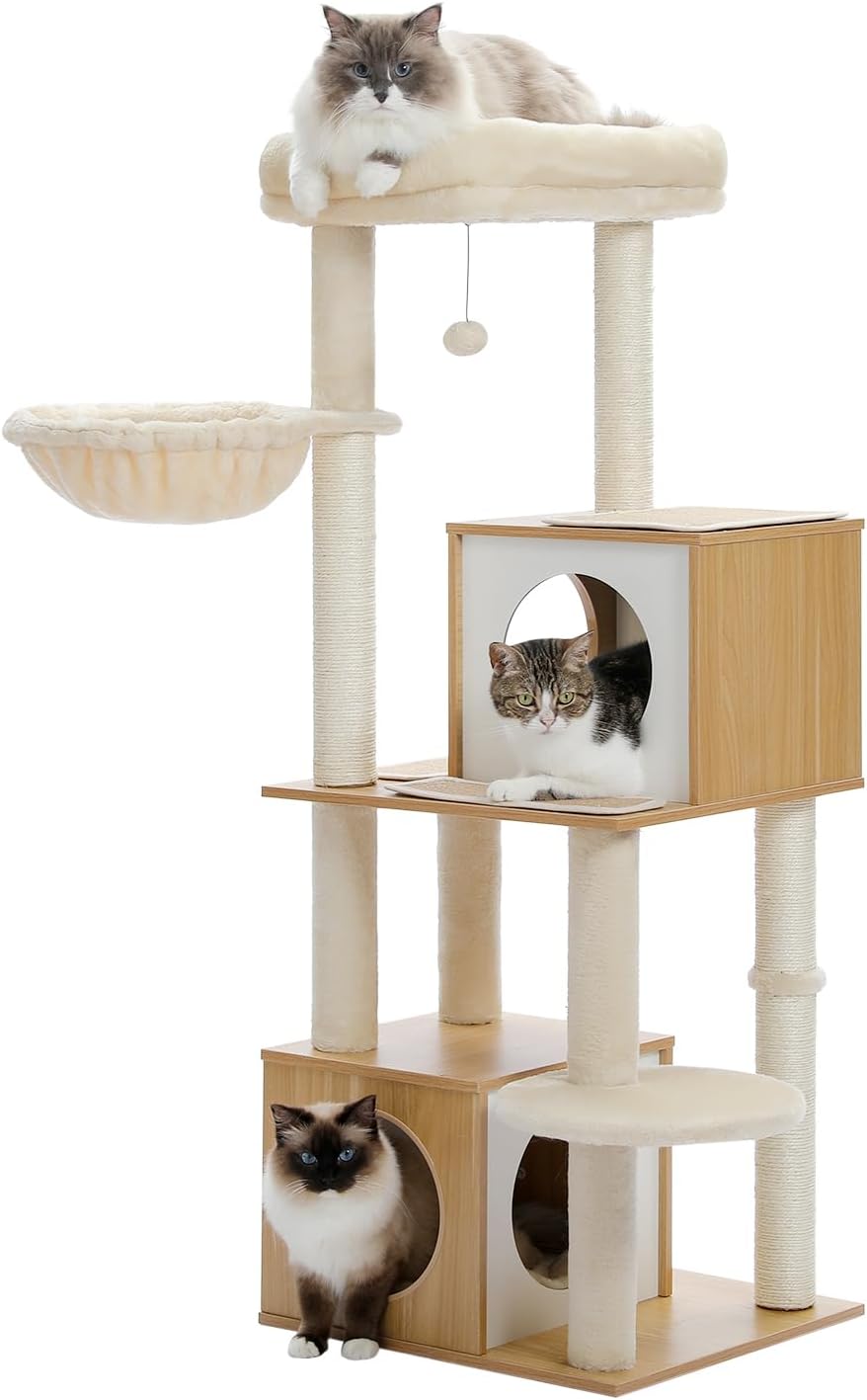 Großer Katzenbaum 130 cm aus Holz mit zwei Höhlen und Liegeplattform