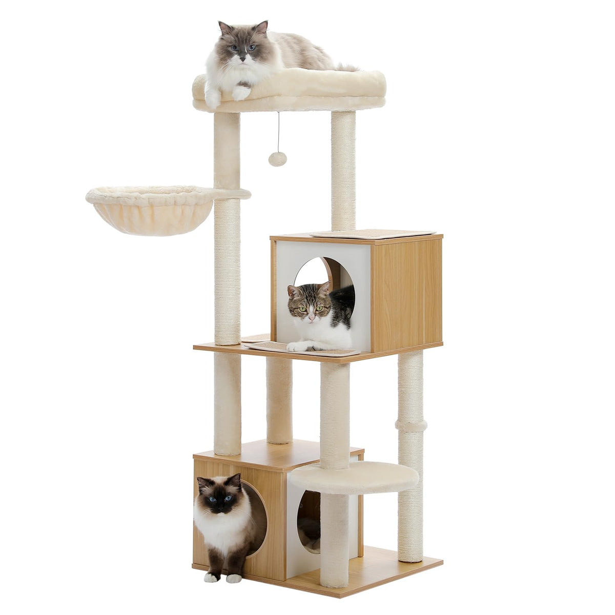 Großer Katzenbaum 130 cm aus Holz mit zwei Höhlen und Liegeplattform
