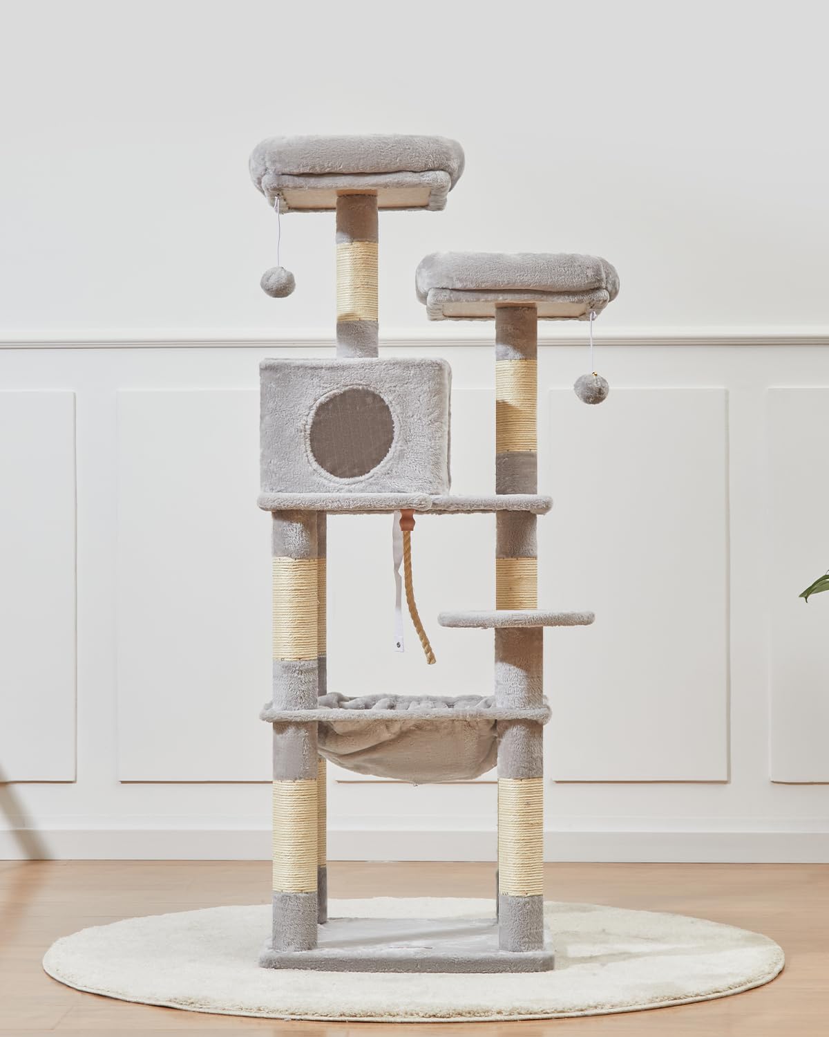 Großer Katzenbaum 140 cm für Katzen mit Kratzbaum Plattformen Höhle und Hängematte Hellgrau