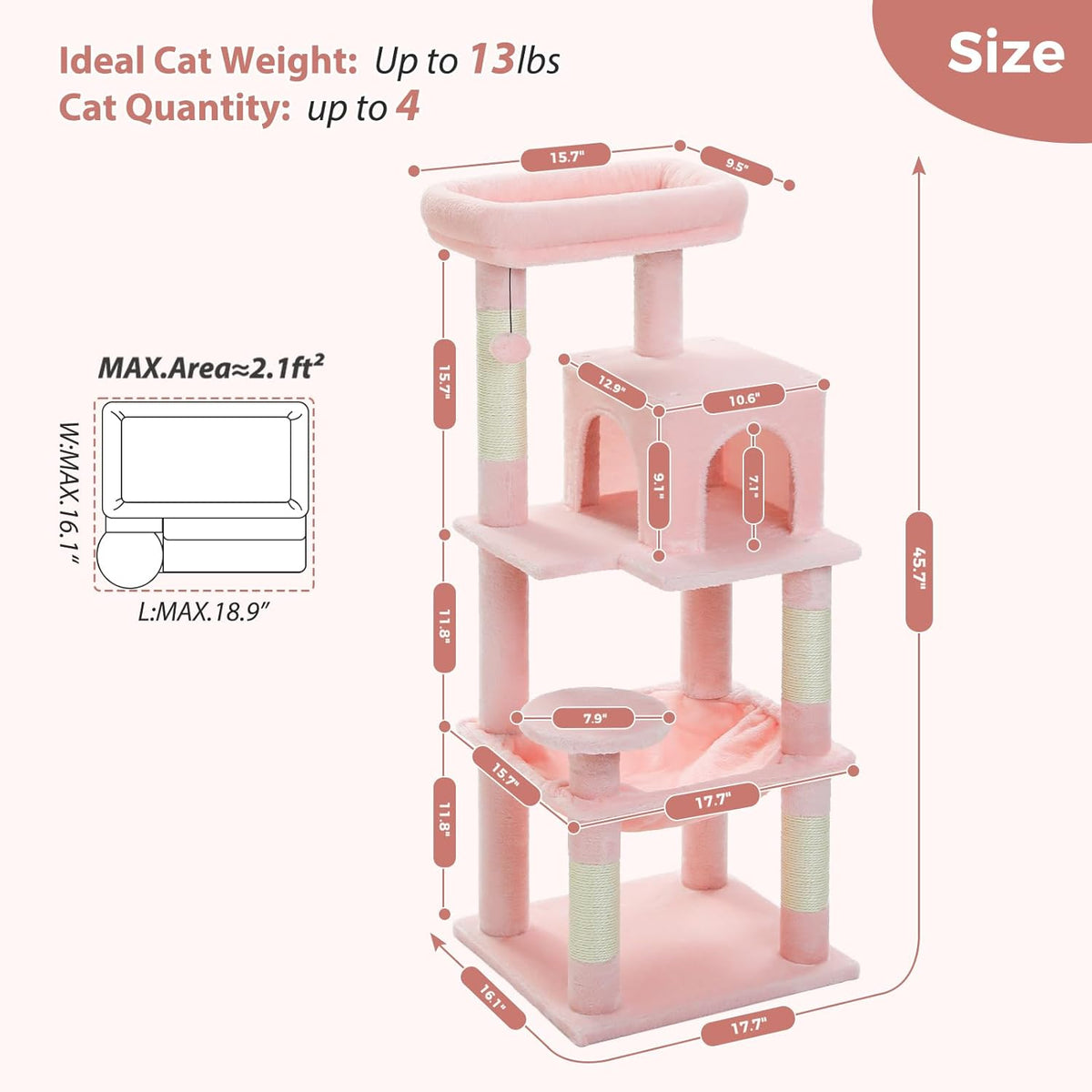 Katzenbaum 116 cm für Katzen mit Metallrahmen Hängematte und Liegeplattform Rosa
