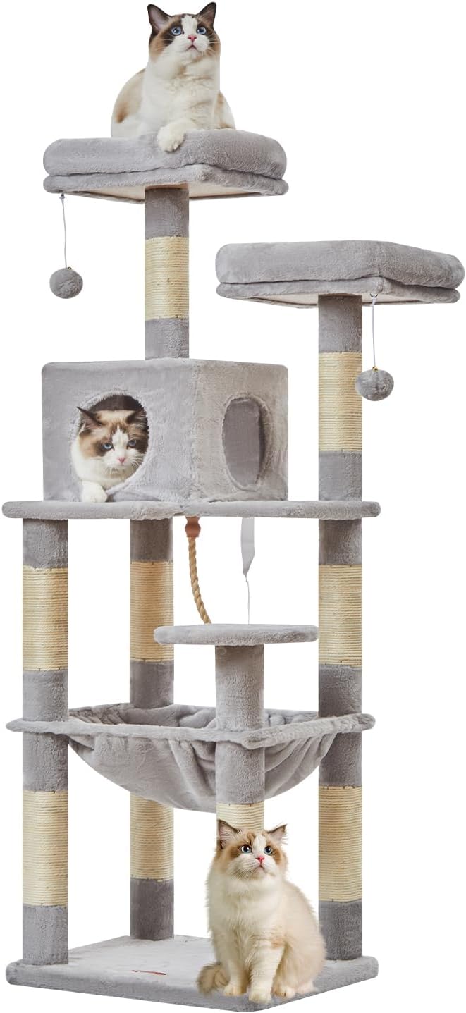 Großer Katzenbaum 140 cm für Katzen mit Kratzbaum Plattformen Höhle und Hängematte Hellgrau
