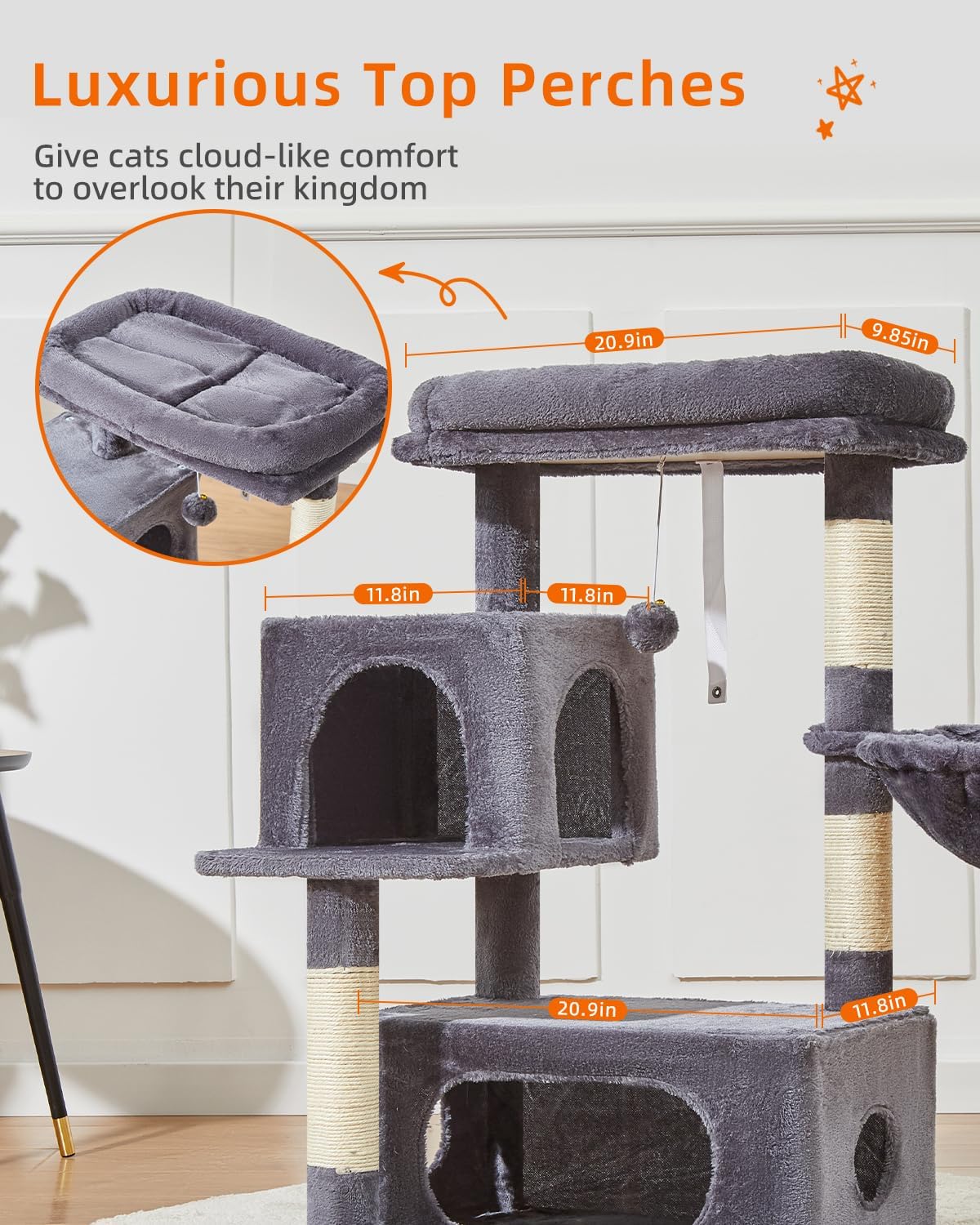 Katzenbaum 96 cm für Katzen mit Hängekorb Kratzbaum und Liegeplattform Rauchgrau