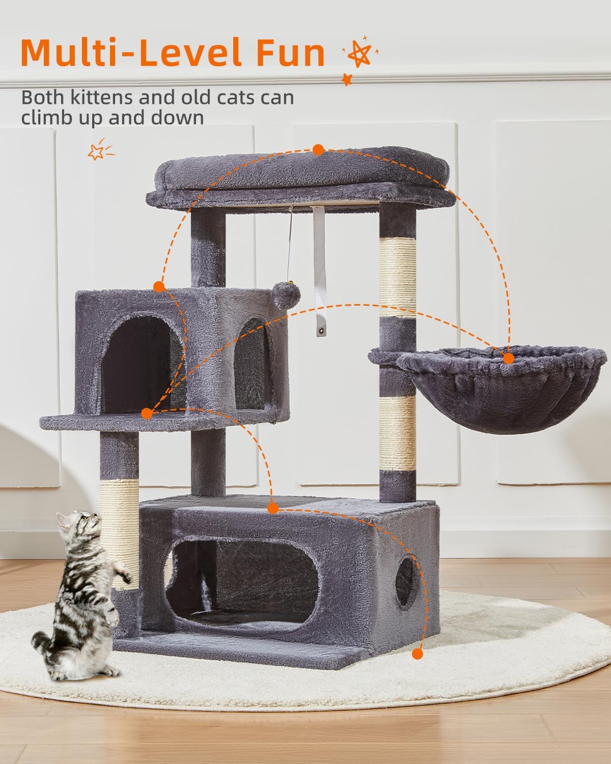 Katzenbaum 96 cm für Katzen mit Hängekorb Kratzbaum und Liegeplattform Rauchgrau