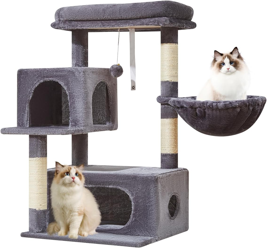 Katzenbaum 96 cm für Katzen mit Hängekorb Kratzbaum und Liegeplattform Rauchgrau