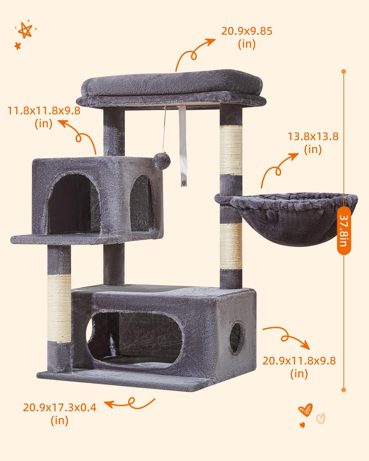 Katzenbaum 96 cm für Katzen mit Hängekorb Kratzbaum und Liegeplattform Rauchgrau