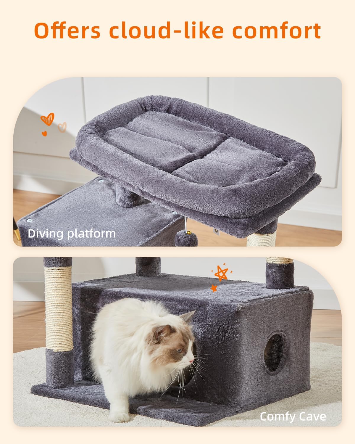 Katzenbaum 96 cm für Katzen mit Hängekorb Kratzbaum und Liegeplattform Rauchgrau