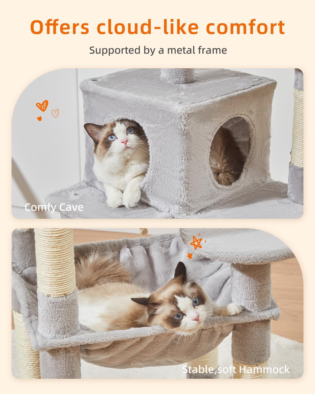 Großer Katzenbaum 140 cm für Katzen mit Kratzbaum Plattformen Höhle und Hängematte Hellgrau