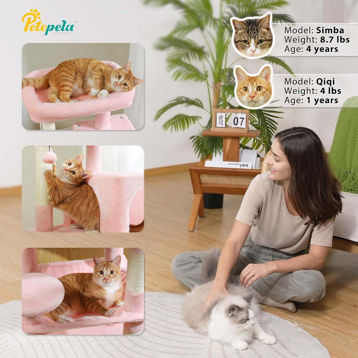 Katzenbaum 116 cm für Katzen mit Metallrahmen Hängematte und Liegeplattform Rosa