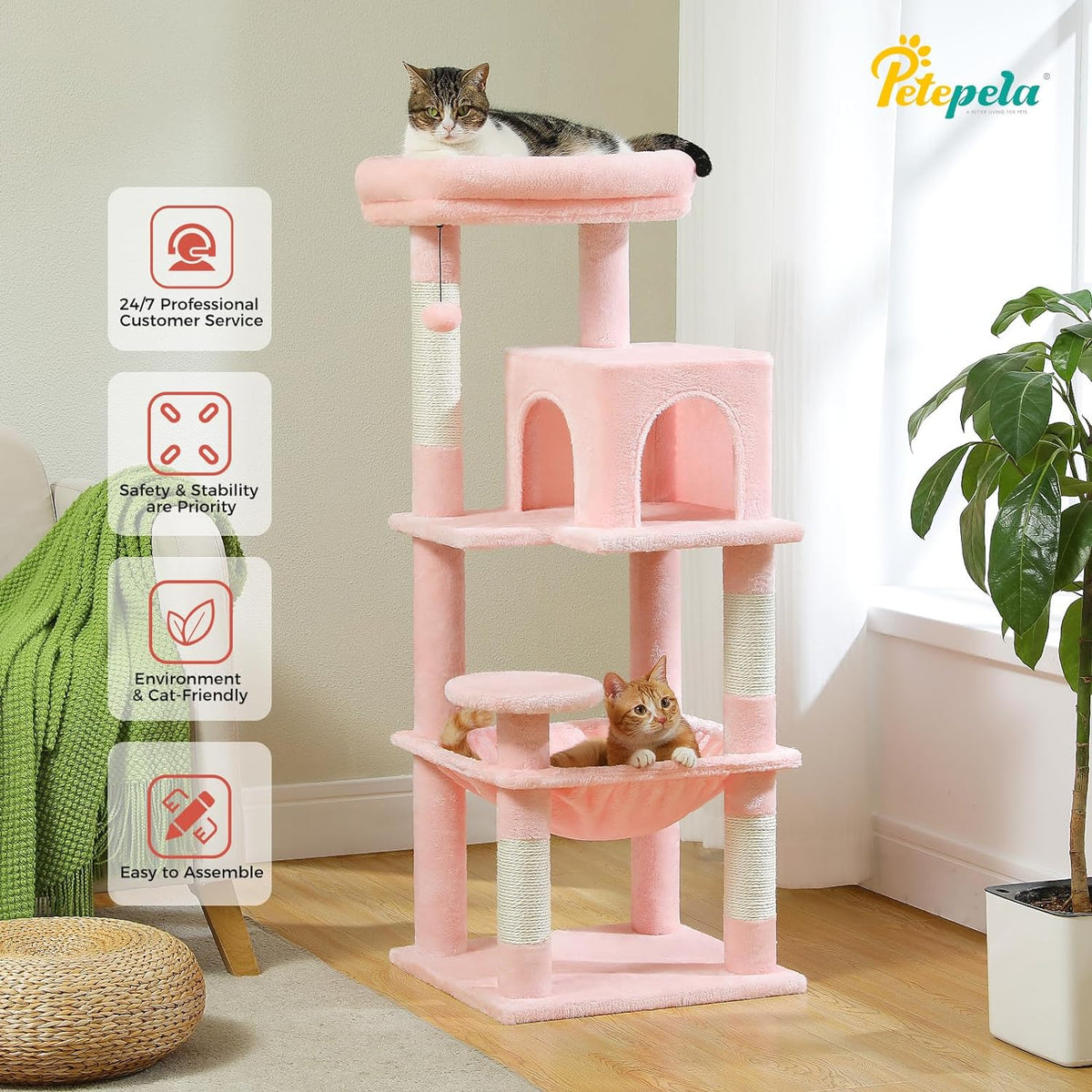 Katzenbaum 116 cm für Katzen mit Metallrahmen Hängematte und Liegeplattform Rosa