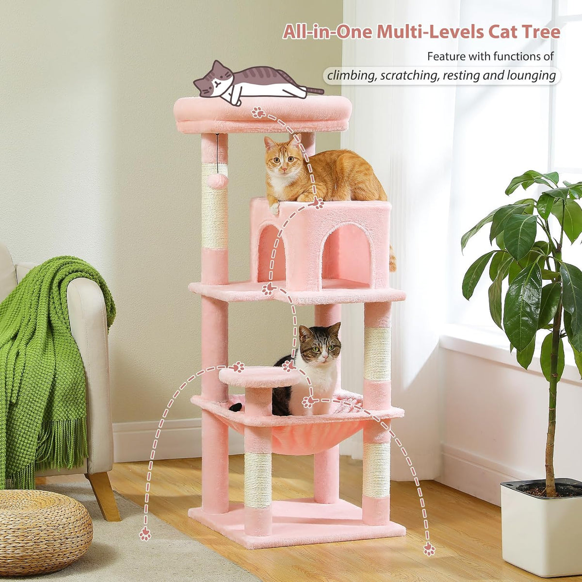 Katzenbaum 116 cm für Katzen mit Metallrahmen Hängematte und Liegeplattform Rosa